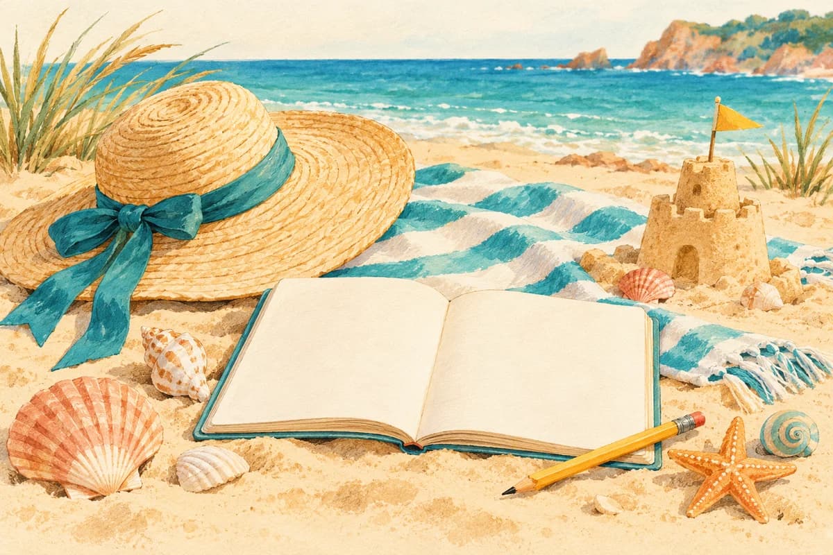 Un chapeau, des coquillages, un château de sable et un carnet, illustration à la gouache.