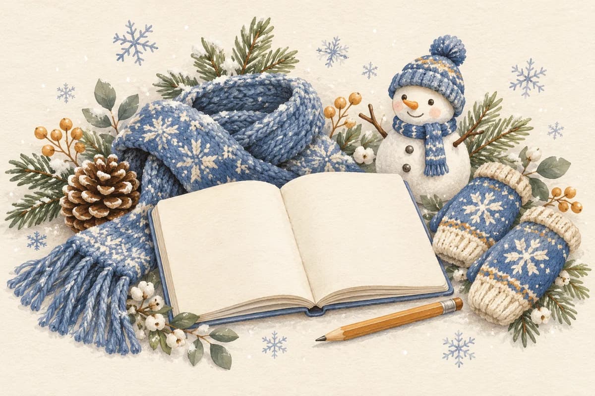 Un bonhomme de neige, une écharpe, des moufles et un carnet, illustration à la gouache.