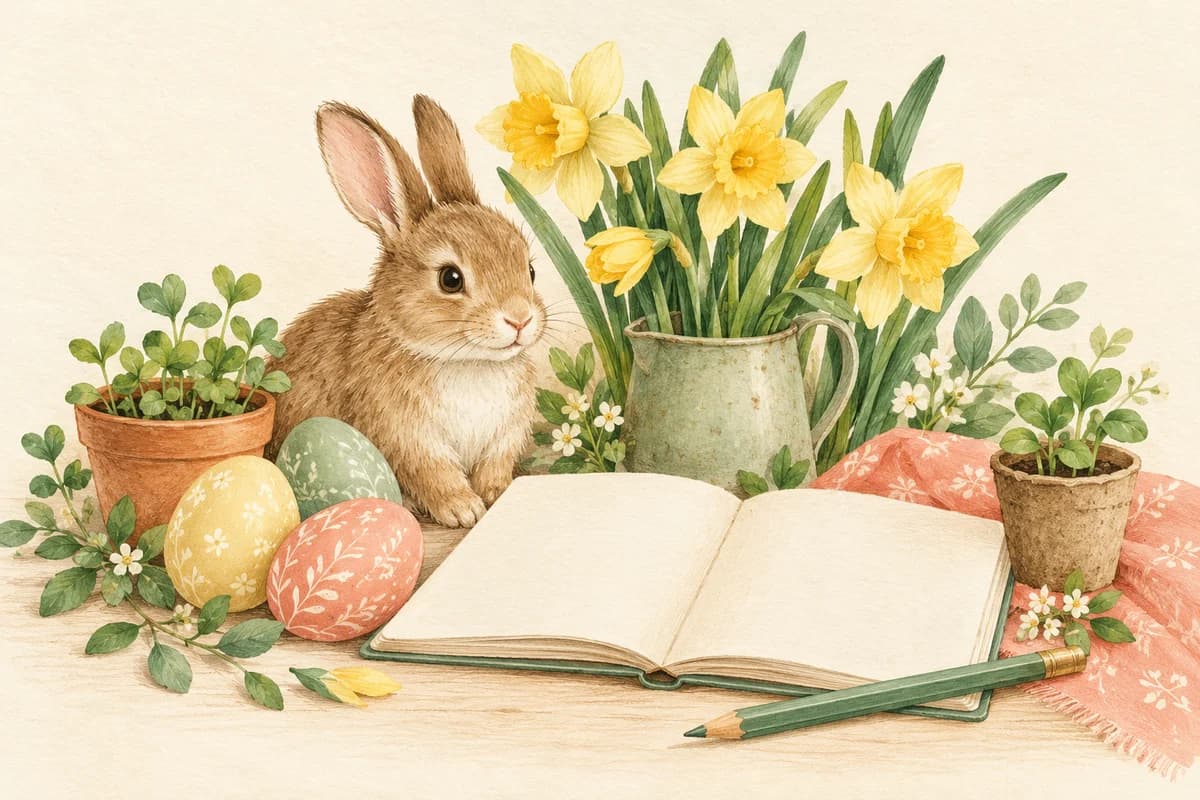 Un lapin, des fleurs, des œufs pastel et un carnet de jardin, illustration à la gouache.