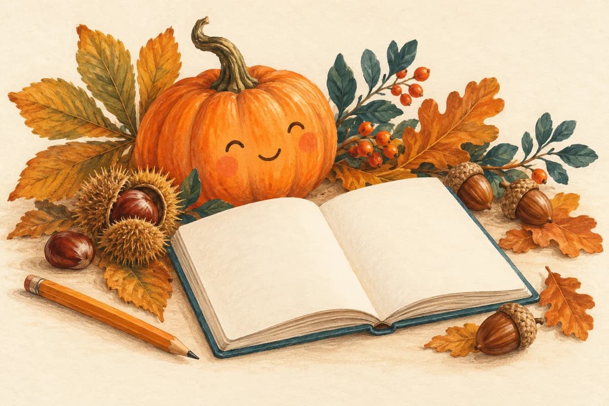 Une citrouille souriante, des feuilles d’automne et un carnet ouvert, illustration à la gouache.