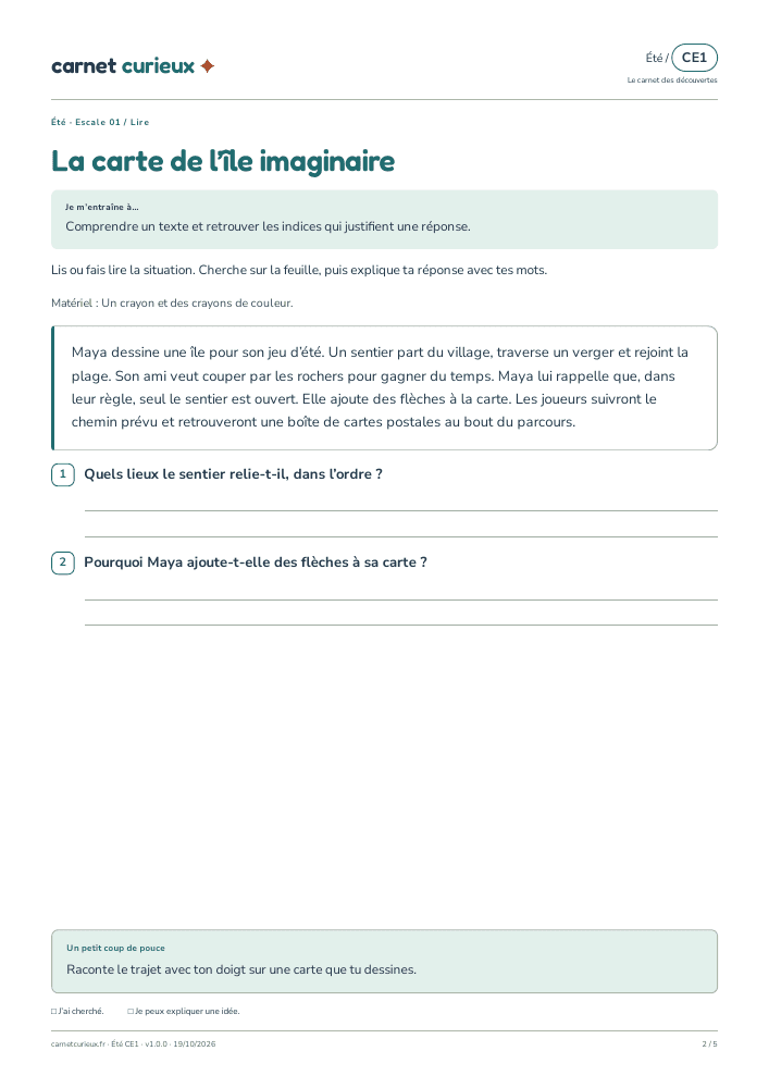 Page de lecture du vrai cahier CE1 d’été.
