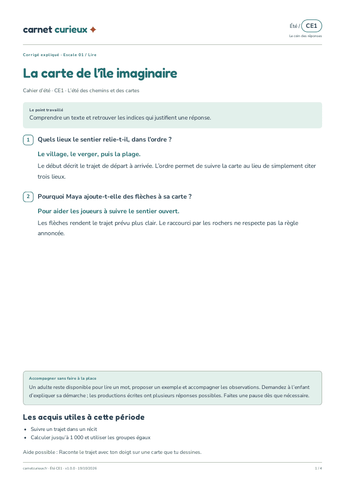 Page du corrigé expliqué du cahier CE1 d’été.