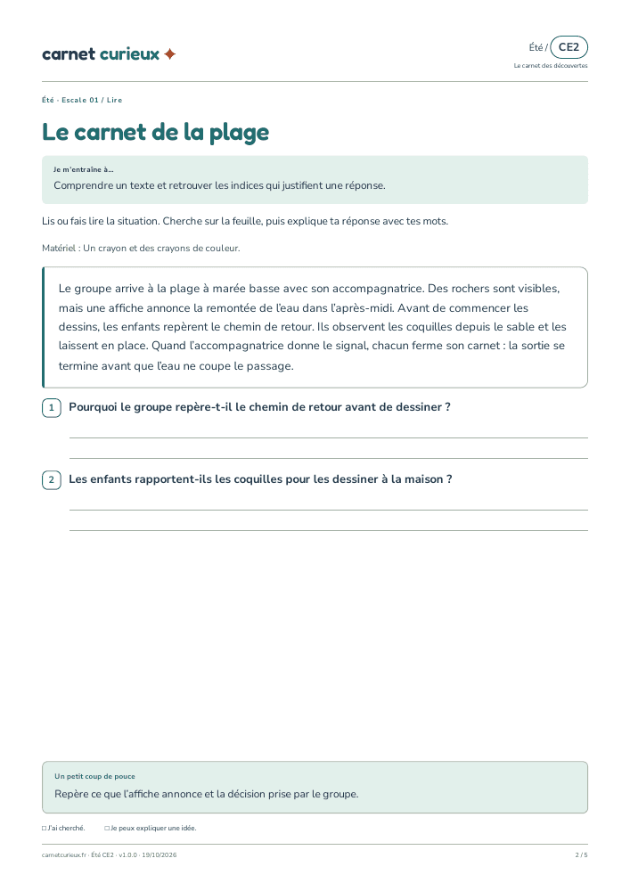 Page de lecture du vrai cahier CE2 d’été.
