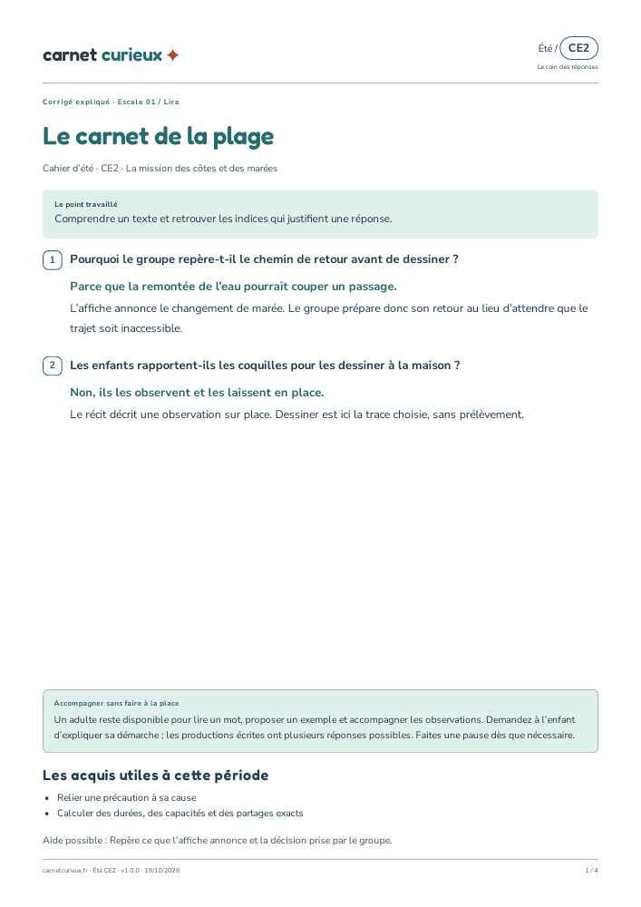 Page du corrigé expliqué du cahier CE2 d’été.