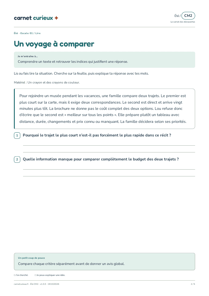 Page de lecture du vrai cahier CM2 d’été.