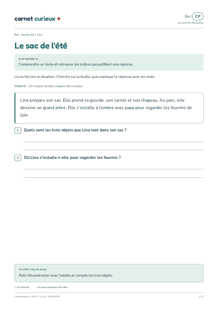 Page de lecture du vrai cahier CP d’été.