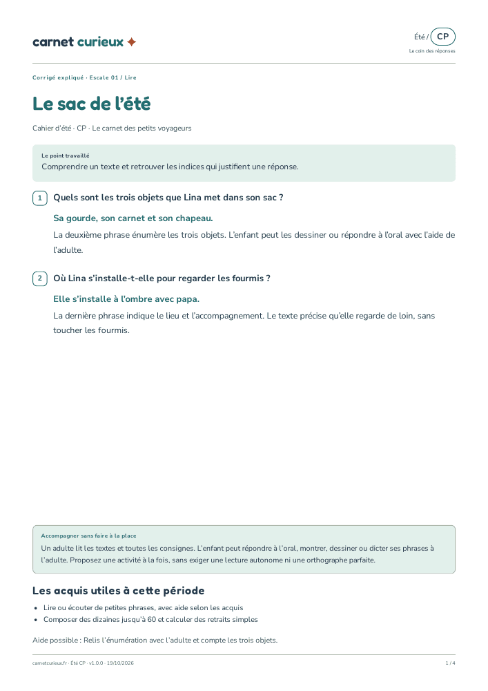 Page du corrigé expliqué du cahier CP d’été.