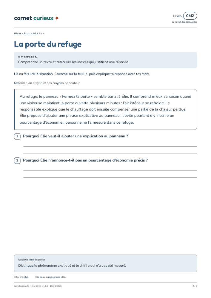 Page de lecture du vrai cahier CM2 d’hiver.