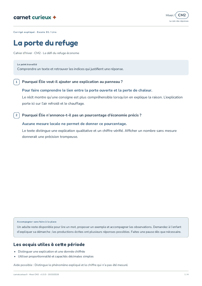 Page du corrigé expliqué du cahier CM2 d’hiver.