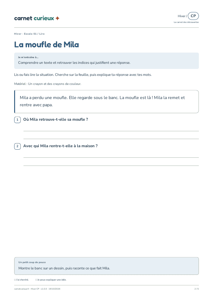 Page de lecture du vrai cahier CP d’hiver.
