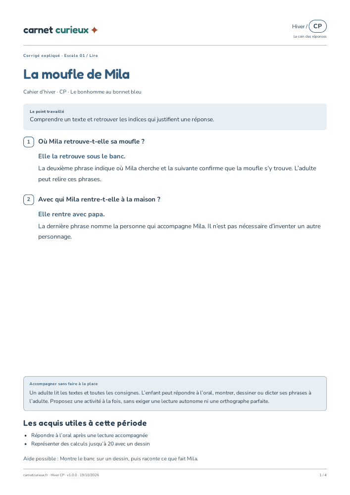 Page du corrigé expliqué du cahier CP d’hiver.