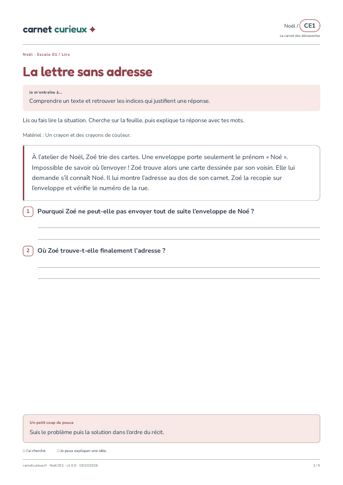 Page de lecture du vrai cahier CE1 de Noël.
