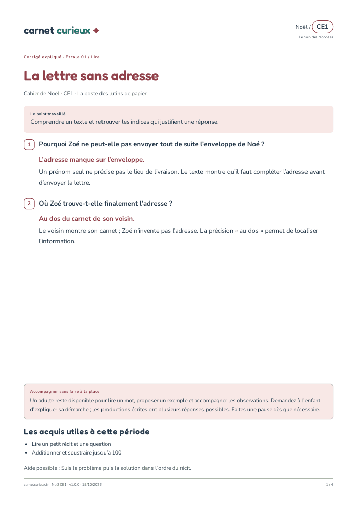 Page du corrigé expliqué du cahier CE1 de Noël.