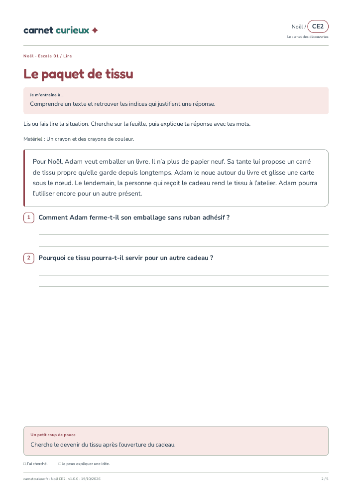 Page de lecture du vrai cahier CE2 de Noël.