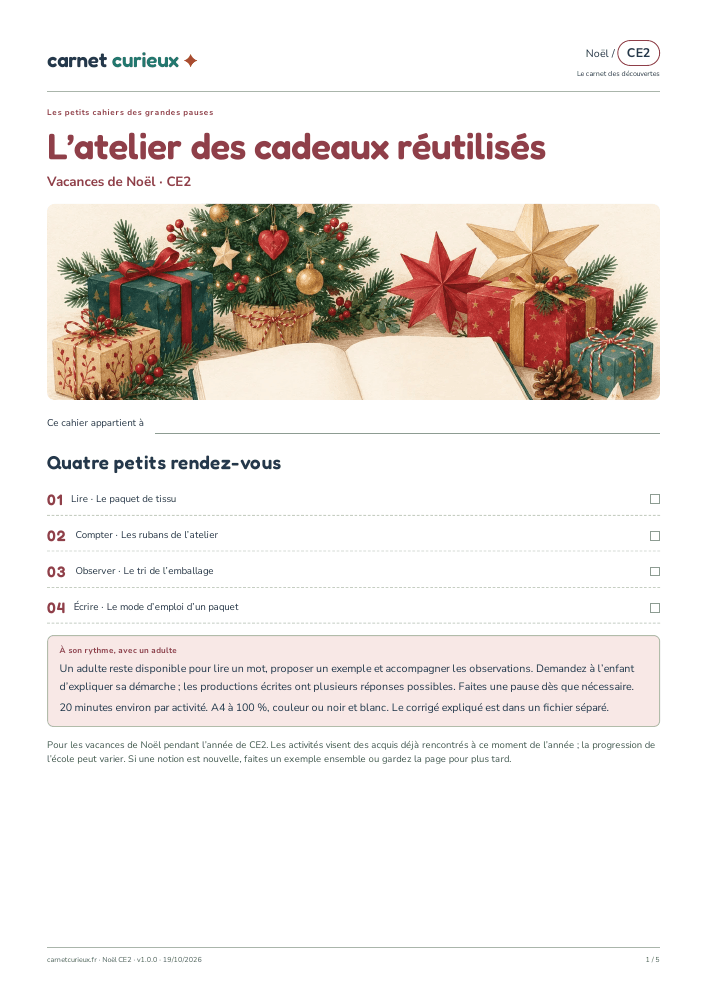 Première page réelle du cahier L’atelier des cadeaux réutilisés, CE2.