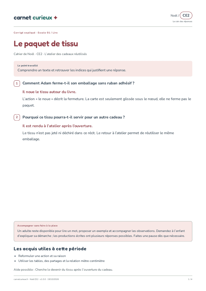 Page du corrigé expliqué du cahier CE2 de Noël.