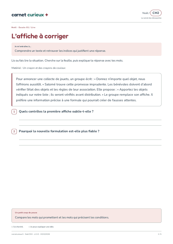 Page de lecture du vrai cahier CM2 de Noël.
