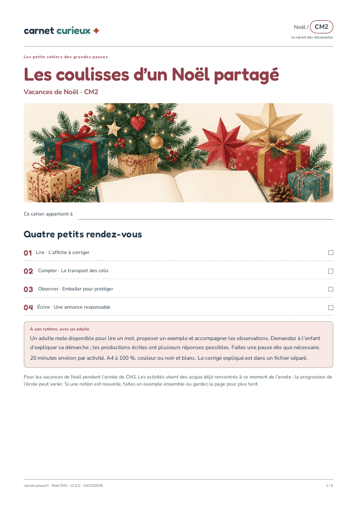 Première page réelle du cahier Les coulisses d’un Noël partagé, CM2.