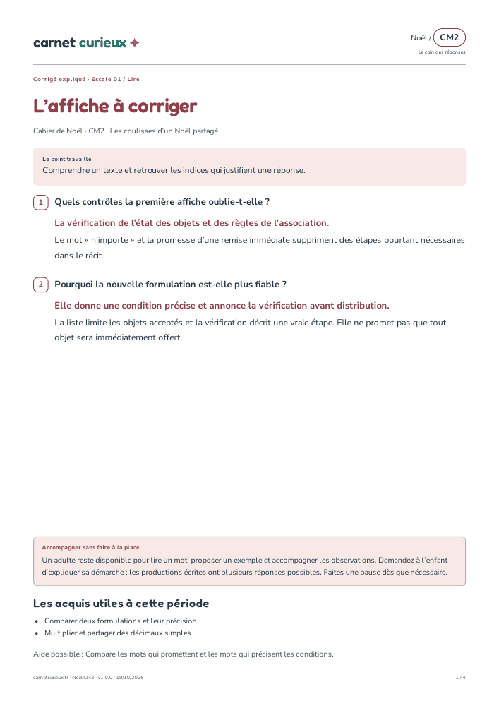 Page du corrigé expliqué du cahier CM2 de Noël.