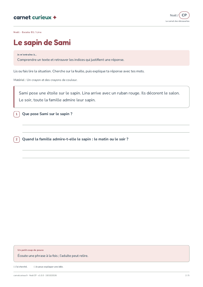 Page de lecture du vrai cahier CP de Noël.