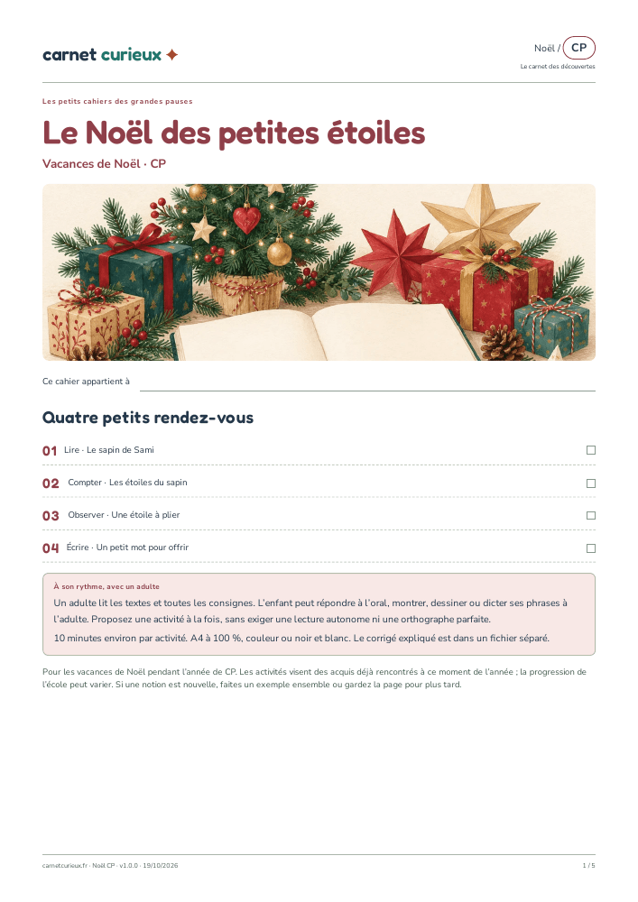 Première page réelle du cahier Le Noël des petites étoiles, CP.
