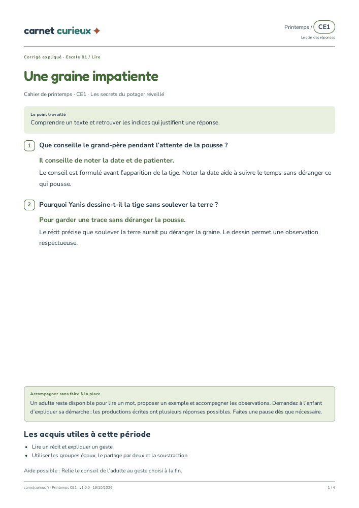 Page du corrigé expliqué du cahier CE1 de printemps.