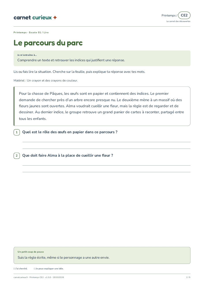 Page de lecture du vrai cahier CE2 de printemps.
