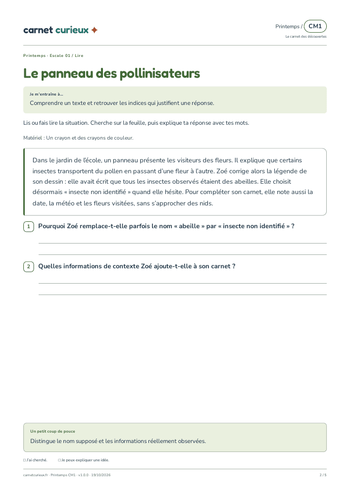Page de lecture du vrai cahier CM1 de printemps.