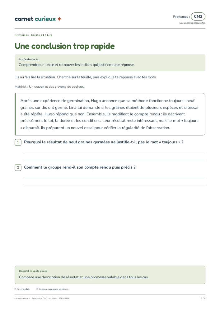 Page de lecture du vrai cahier CM2 de printemps.