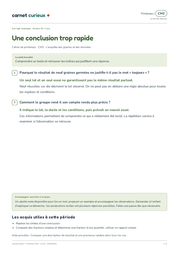 Page du corrigé expliqué du cahier CM2 de printemps.