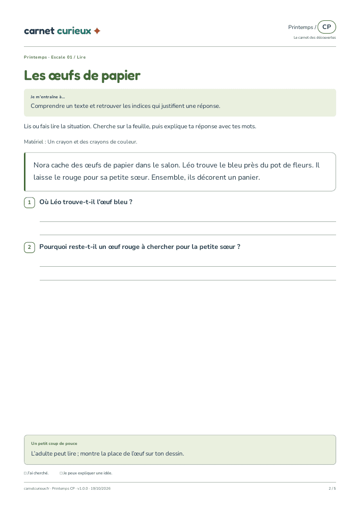 Page de lecture du vrai cahier CP de printemps.