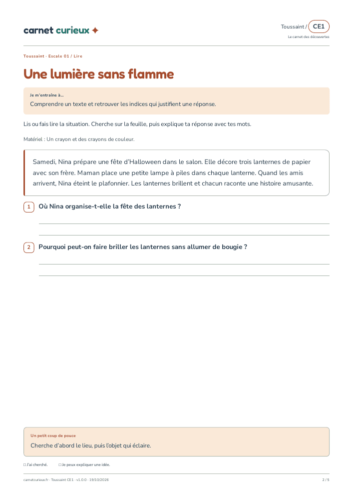 Page de lecture du vrai cahier CE1 de Toussaint.