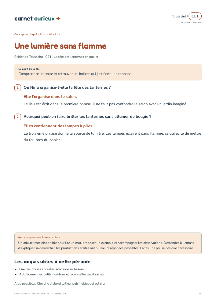 Page du corrigé expliqué du cahier CE1 de Toussaint.