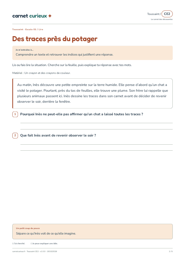 Page de lecture du vrai cahier CE2 de Toussaint.