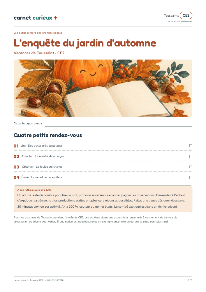 Première page réelle du cahier L’enquête du jardin d’automne, CE2.