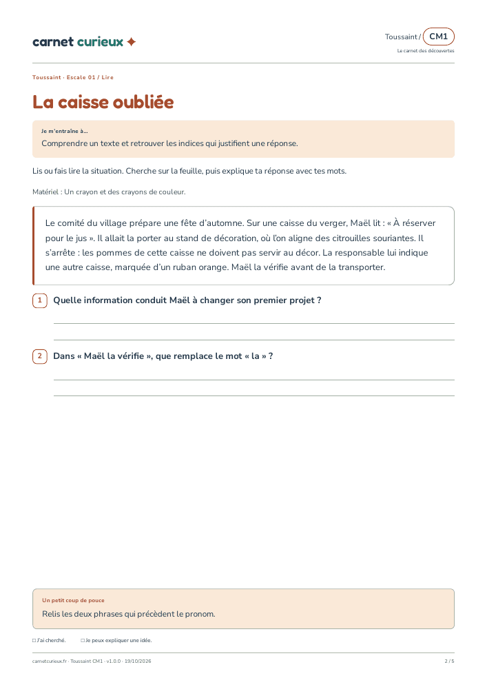 Page de lecture du vrai cahier CM1 de Toussaint.