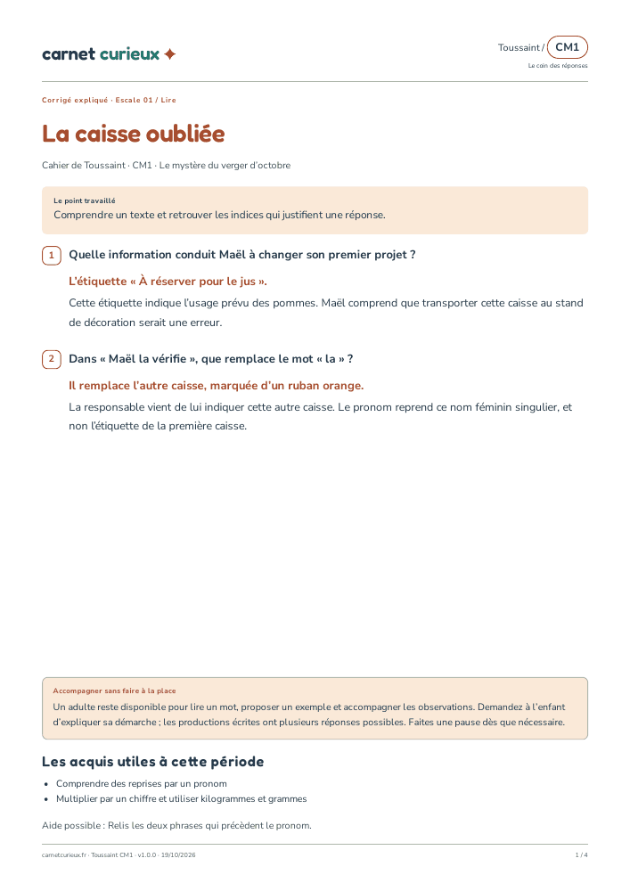 Page du corrigé expliqué du cahier CM1 de Toussaint.