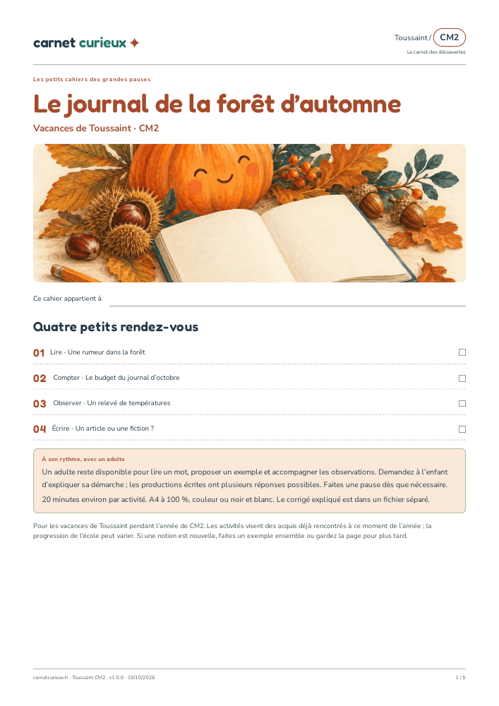 Première page réelle du cahier Le journal de la forêt d’automne, CM2.