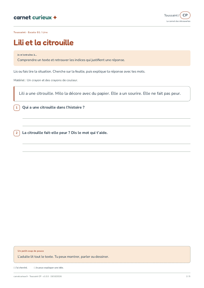 Page de lecture du vrai cahier CP de Toussaint.