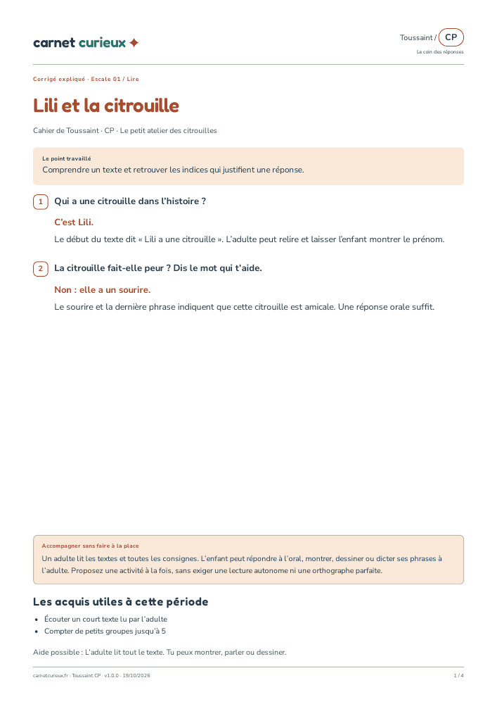Page du corrigé expliqué du cahier CP de Toussaint.