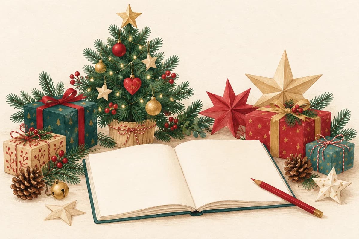 Un sapin de Noël, des cadeaux et un carnet, illustration à la gouache.