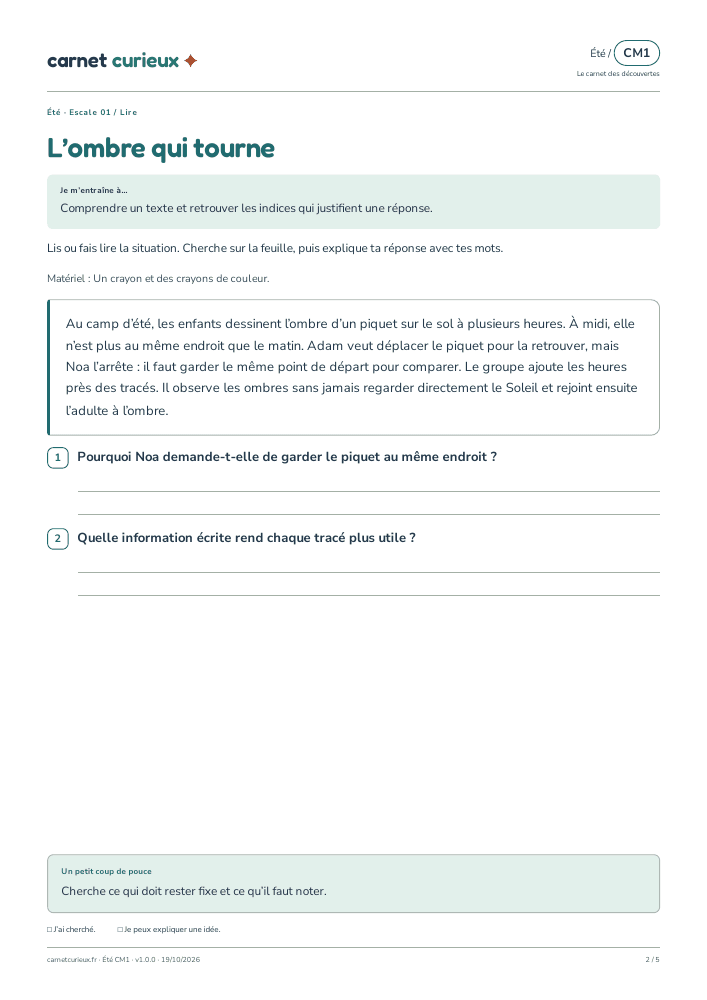 Page de lecture du vrai cahier CM1 d’été.