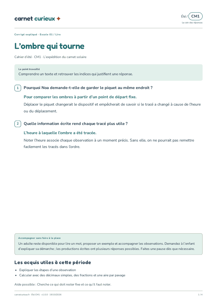 Page du corrigé expliqué du cahier CM1 d’été.