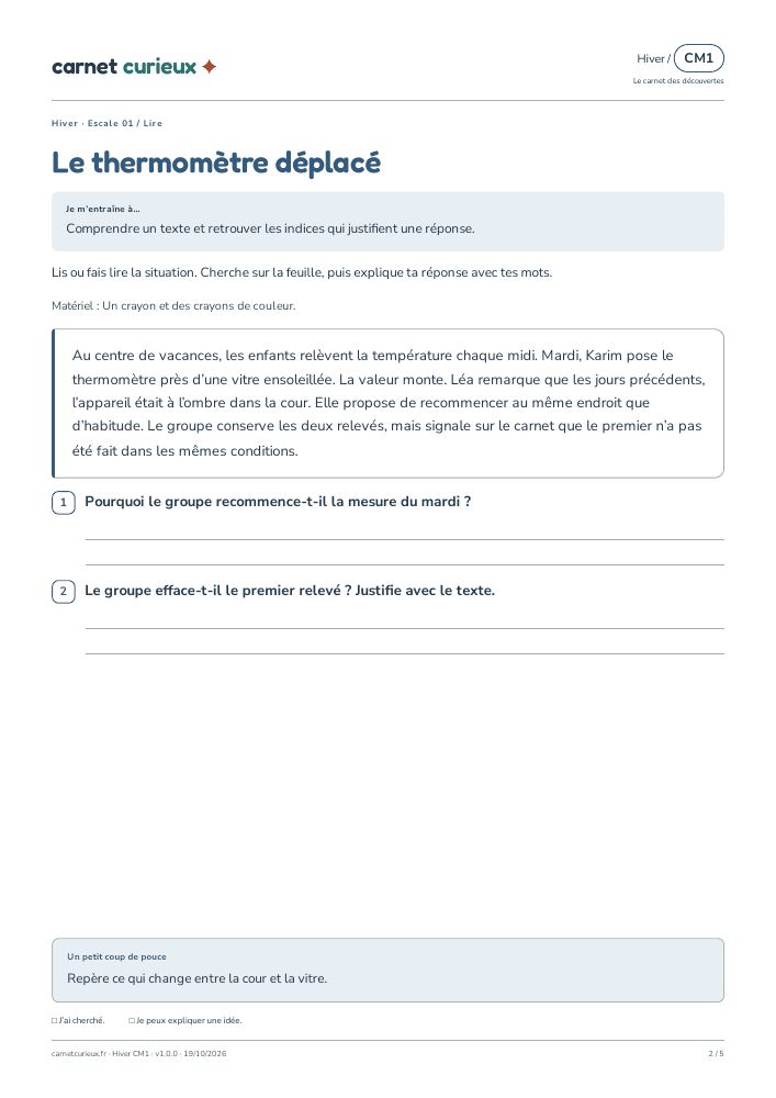 Page de lecture du vrai cahier CM1 d’hiver.